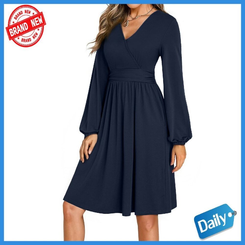 Long Sleeve Wrap V-Neck Empire Waist Mini Dress with Pockets